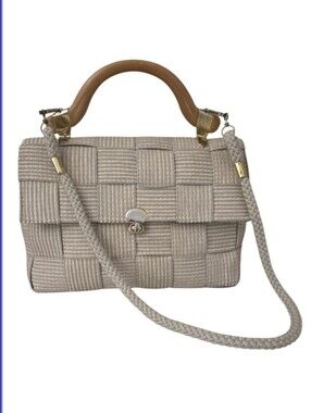 ​vintage italian beige woven fabric top handle bag wooden handle braided strap